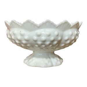 Vintage FENTON Hobnail Milk Glass Pedestal Candle Bowl 6" Scalloped Rim